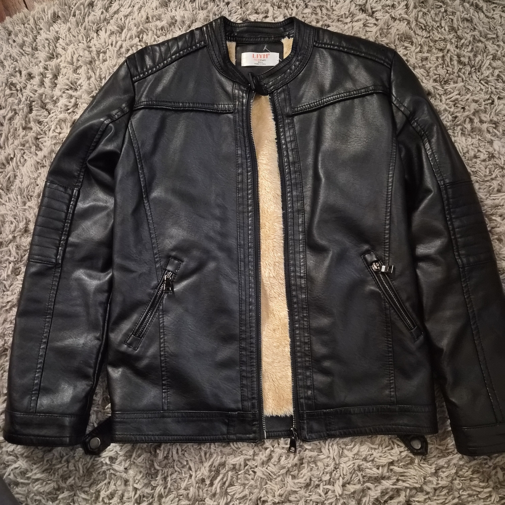 LJYH Kids Black Faux Leather Moto Jacket Sherpa Lined Size 13-14